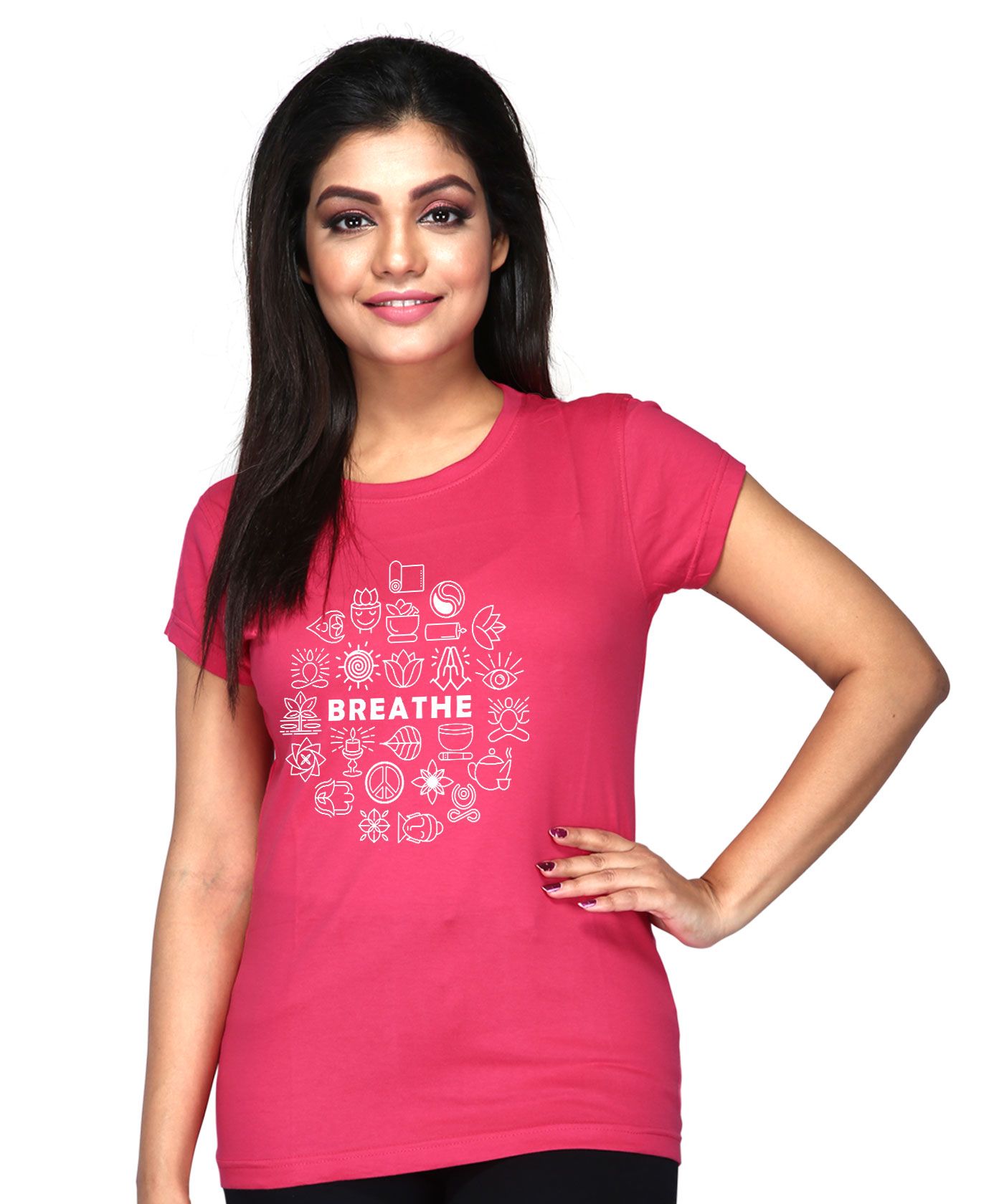 Breathe Yoga Iconography - Premium Round Neck Cotton Tees for Women - Magenta