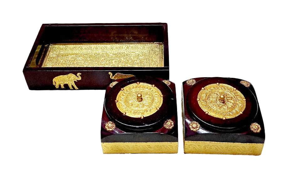 Dry fruit, snacks and sweet serving handicraft wooden tray, wood and Brass art work with 2 bowls and lids