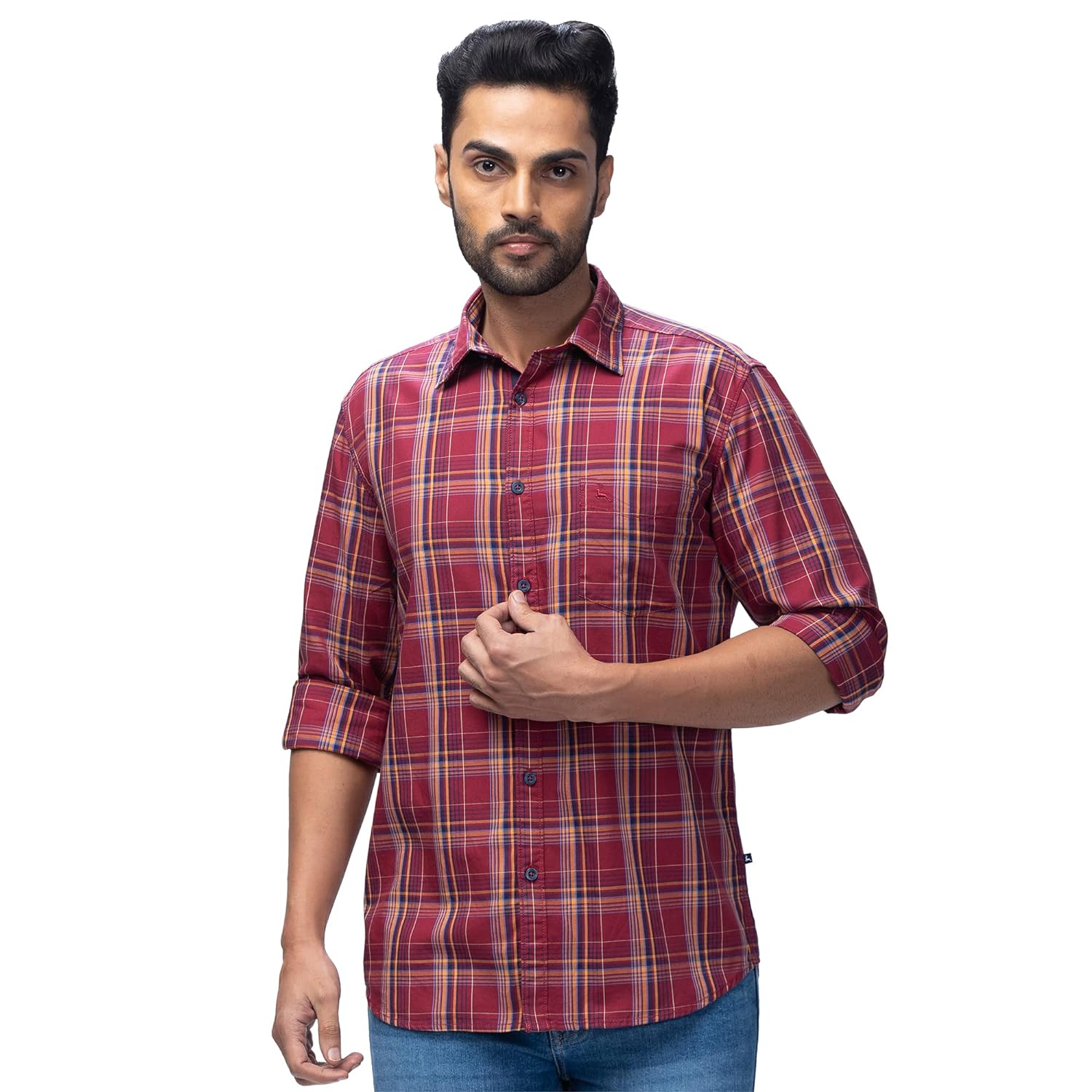 HIGH STAR Classic Checked Roll-Up Sleeves Casual Pure Cotton Shirt