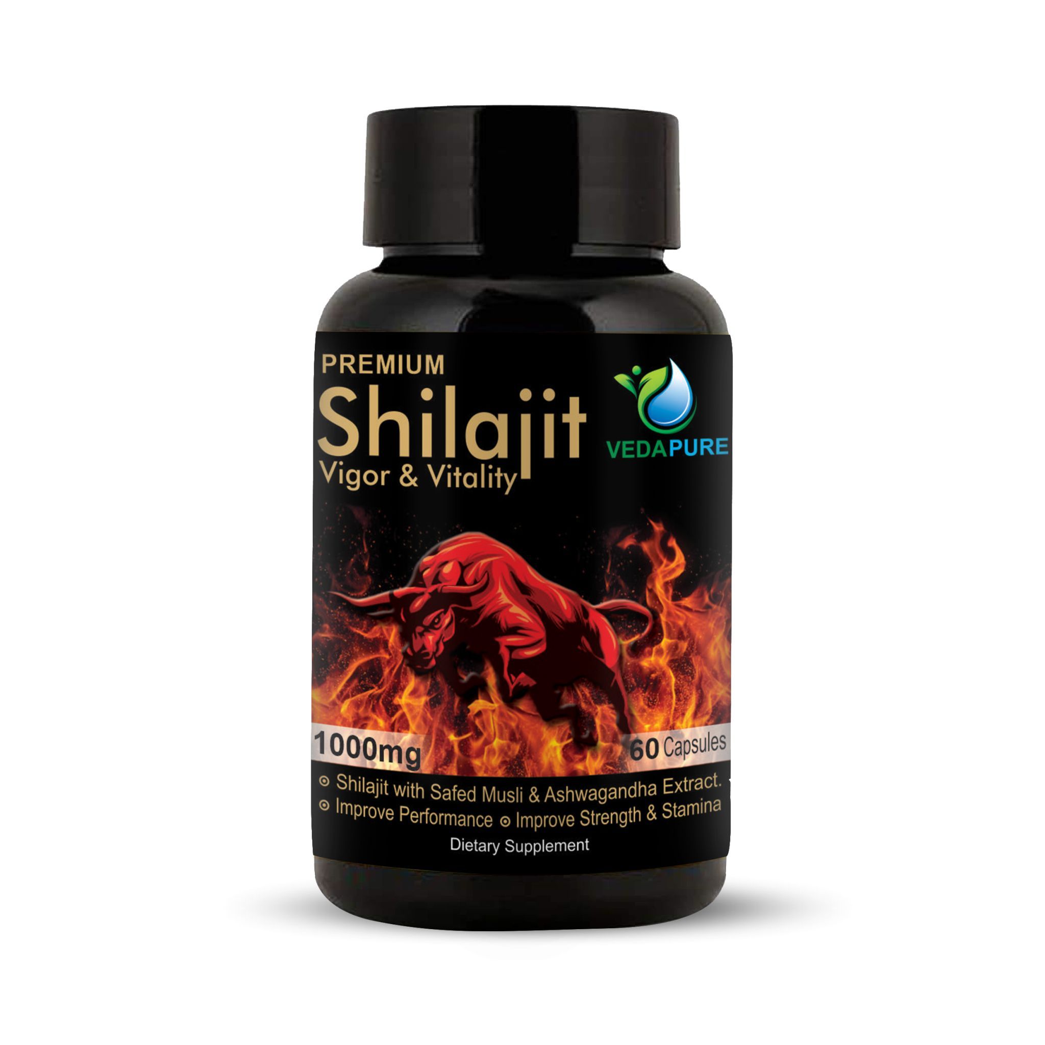 VEDAPURE Shilajit |Premium Gold Shilajit Capsules with Safed Musli & Ashwagandha | Shilajit Original Capsules for Men to built Strength & Stamina | Lab Tested Shilajit-1000 Mg, 60 Capsules