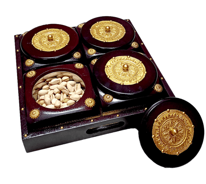 Dry fruit, snacks and sweet serving antique handicraft wooden tray, brass and wood artwork with 4 bowls and lids.