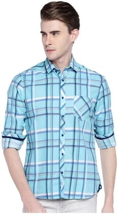 Men Blue Plaid Slim Fit Casual Shirt