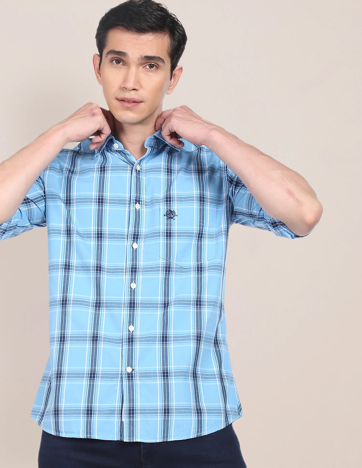 Spread Collar Tartan Check Casual Shirt