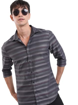 Men Slim Fit Printed Mandarin Collar Casual Shirt (Light Grey)