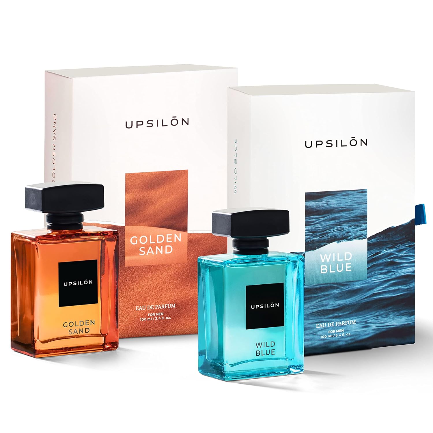 UPSILON Combo of Wild Blue & Golden Sand Eau De Parfum Premium Long Lasting Fresh & Powerful Fragrance Spray Travel Friendly Luxury Parfum Scent | Men’s Perfume | Each 100ml - Pack Of 2