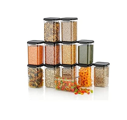 VIVA 1100 ML (PACK OF 12) Airtight Plastic Unbreakable Square Easy Flow Cereal Dispenser Storage Jar, Idle for Kitchen- Storage Box Lid Food Rice Pasta Pulses Container, Square Containers for Kitchen ( Black Color Cap, 1100 ML , Pack of 12)