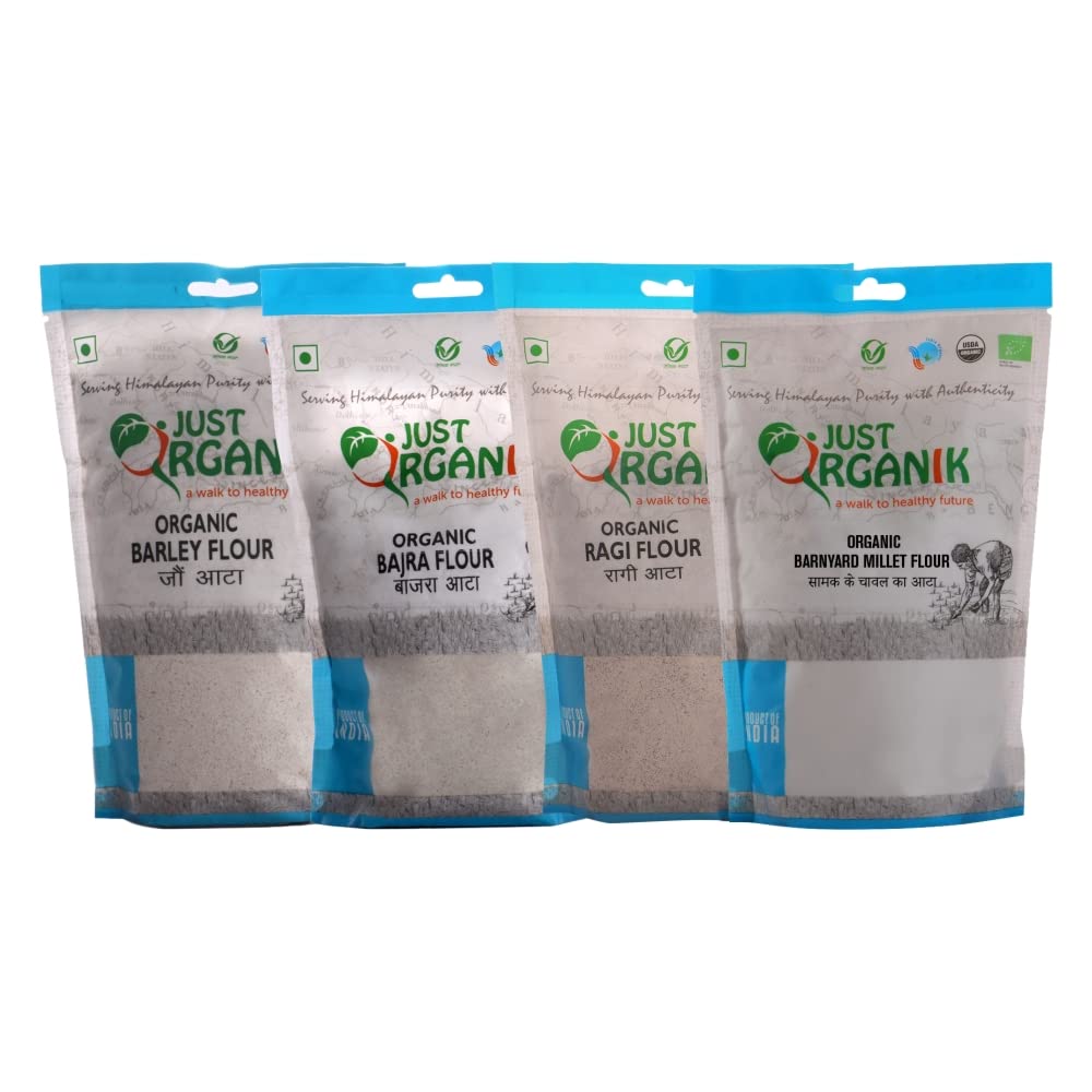 Just Organik Healthy Flour Combo 2kg (Ragi Flour(500g) + Bajra flour(500g) + Barley Flour(500g) Barnyard Millet Flour (500g)), 100% Organic Product