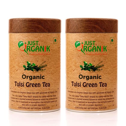 Just Organik Tulsi Green Tea - 150 g, (2 x 75g), 100% Organic