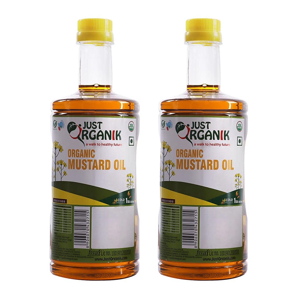 Just Organik Cold Pressed Mustard Oil 2 Litre, (2 x 1 Litre) 100% Organic