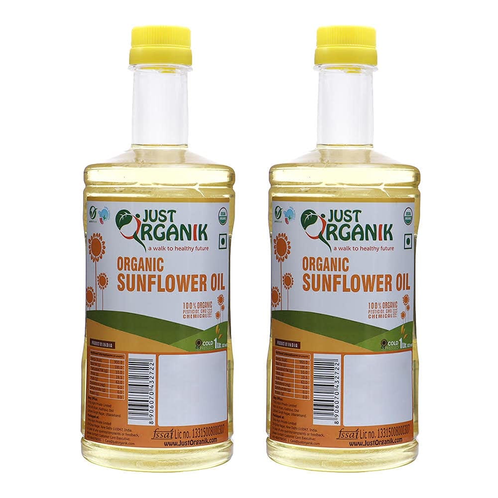 Just Organik Cold pressed Sunflower Oil 2 Litre (2 x 1 Litre), 100% Organic