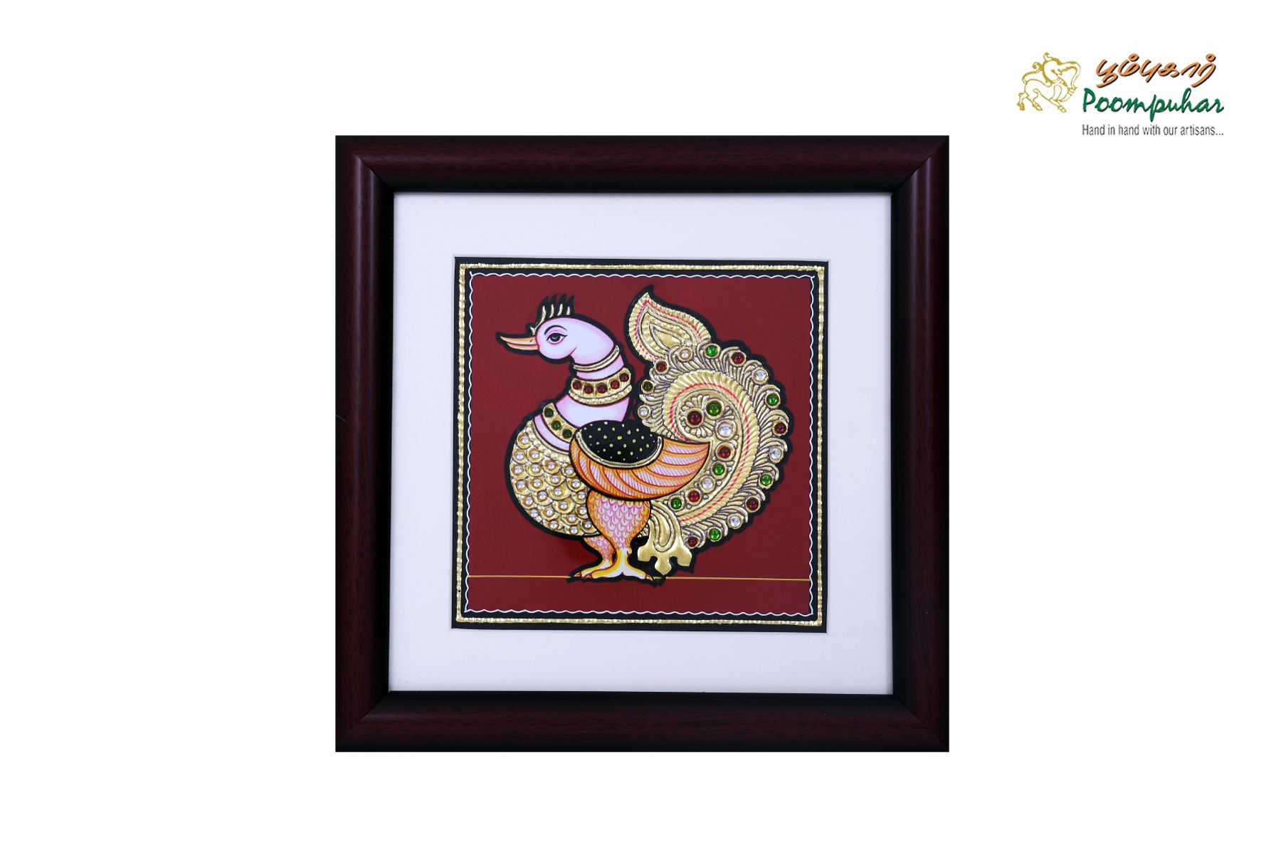 Poompuhar Peacock Tanjore Painting (Gold Foil Work,14X14 inch), Multicolour )