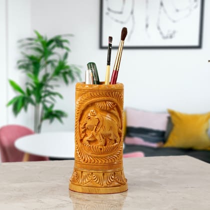 Tribes India Elephant Wood Carving Pen stand