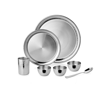 Kobac Signature Stainless Steel Hammered Bhojan Thaalee Set, Dinner Set 7 Pcs - 30 Cm Silver