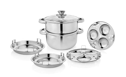 Urban Spoon Stainless Steel Steamer 2 Tier, Multi Cooking Steamer Set, Idli Cooker, Dhokla Cooker, 2 Pcs Idli Plates, 2 Pcs Dhokla Plates 4500 Ml - 20 Cm