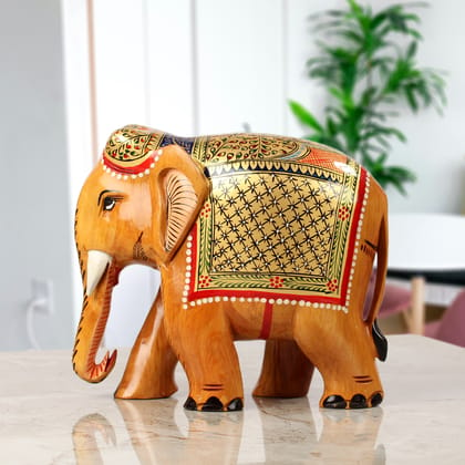 Tribes India Brown Handcrafted Wooden Elephant With Gold Painting