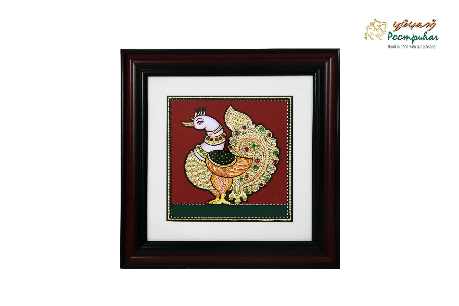 Poompuhar Peacock Tanjore Painting (Gold Foil Work,16X16inch), Multicolour )