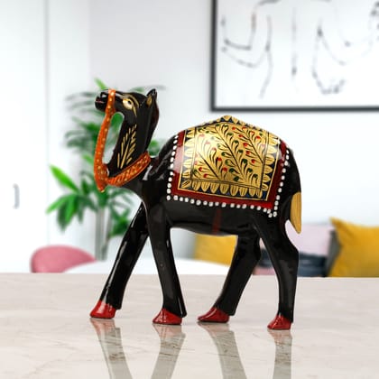 Tribes India  Black Handcrafted Wooden Camel With Gold Painting