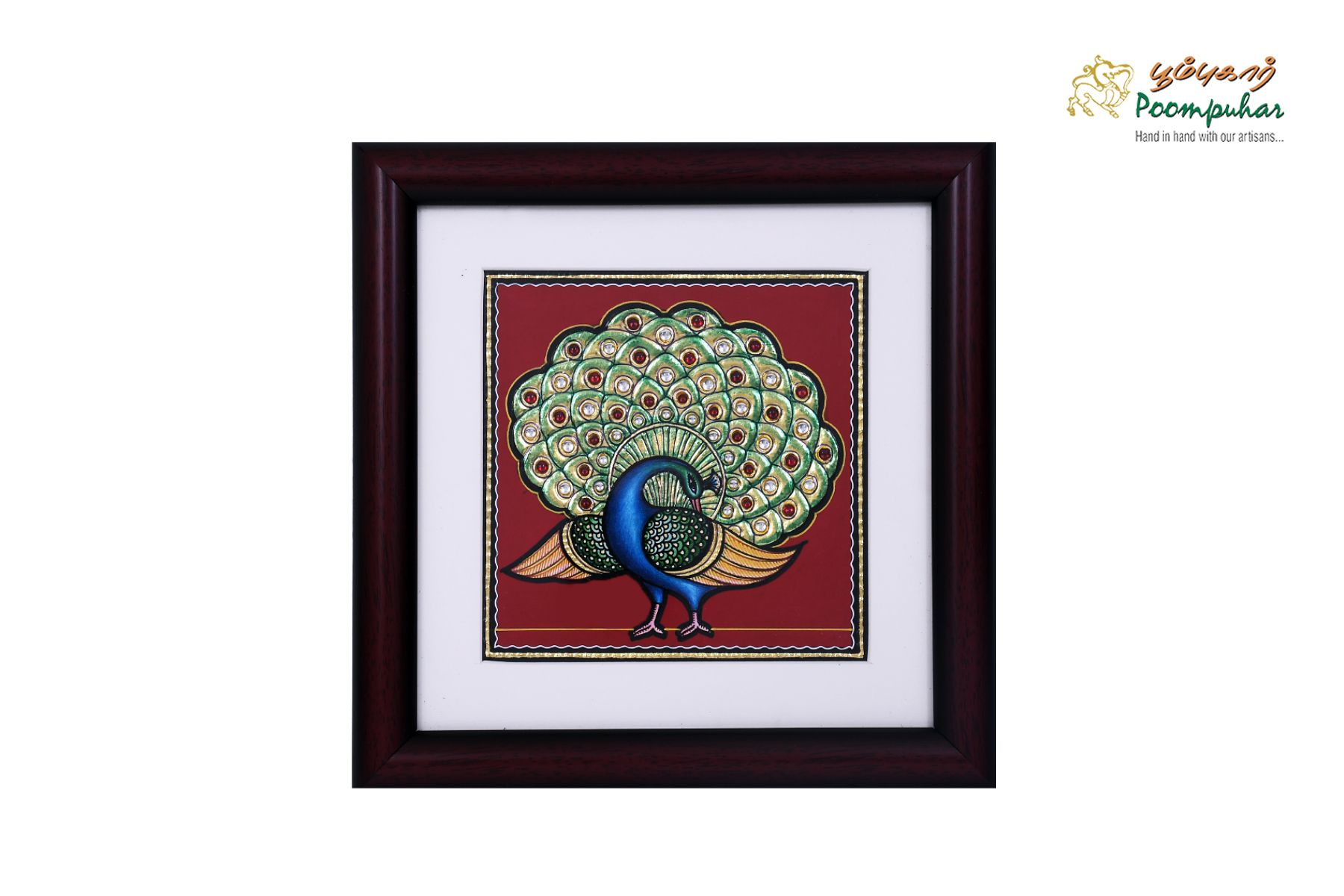 Poompuhar Peacock Tanjore Painting (Gold Foil Work,16X16inch), Multicolour )