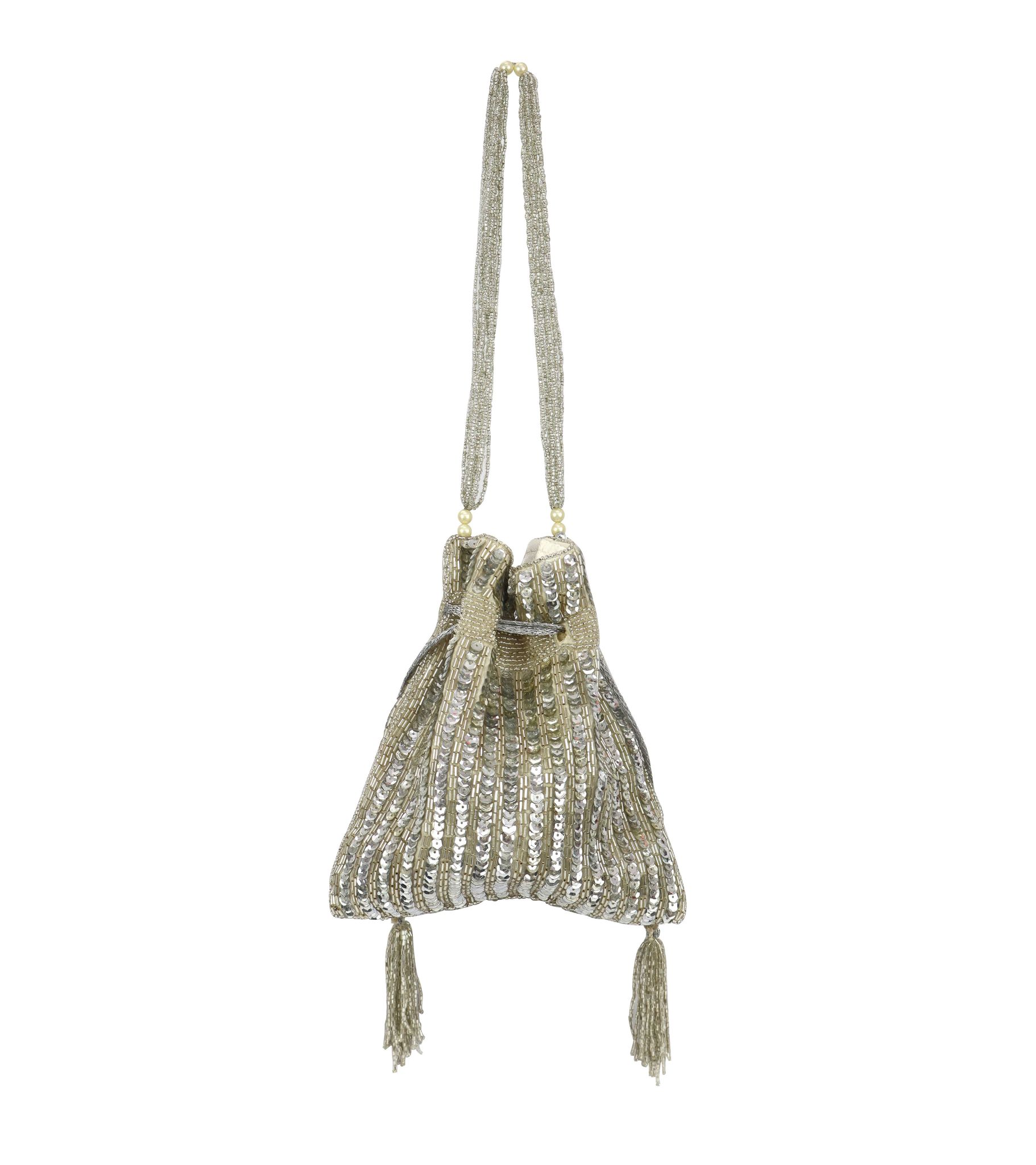 Unique Embellished Sequins Handwork Potli Bag for Girls and Womens - Cream Colour