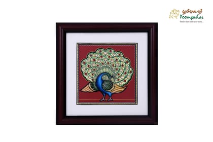 Poompuhar Peacock Tanjore Painting (Gold Foil Work,9X9 inch), Multicolour )