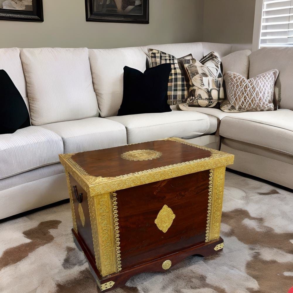 Wooden Brass Fiting Central Trunk Storage Table Box-BedSide Living Room Box