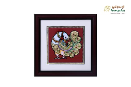 Poompuhar Peacock Tanjore Painting (Gold Foil Work,9X9 inch), Multicolour )