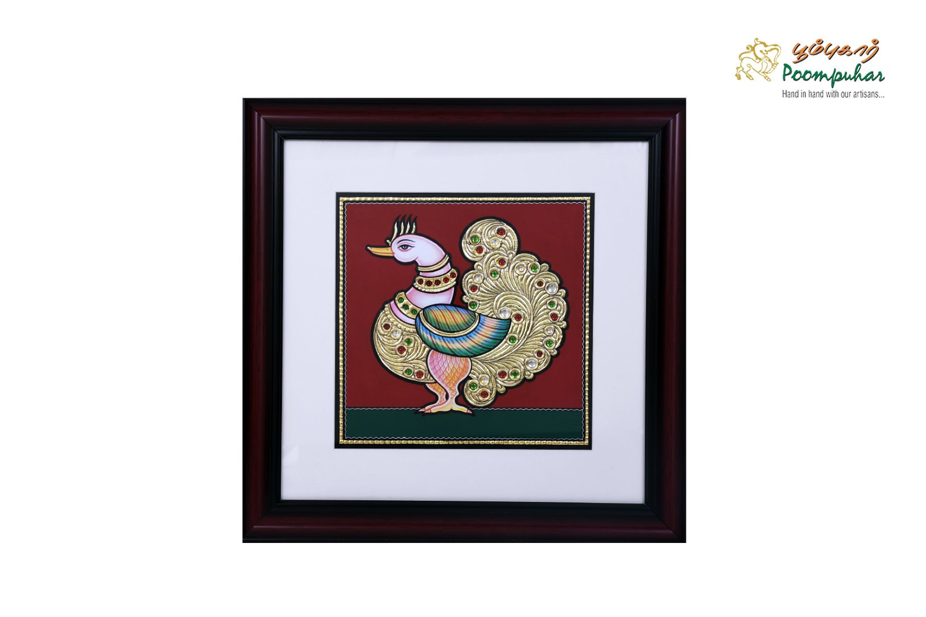 Poompuhar Peacock Tanjore Painting (Gold Foil Work,16X16inch), Multicolour )