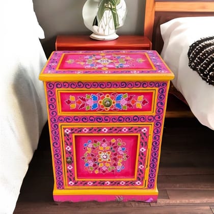 Handicraft Painted Bedside Table, Bedroom Decors Wooden Lamp-Table, Home Living Drawer-Cupboard