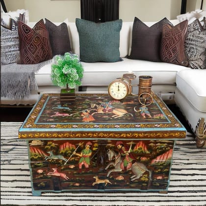 Handicraft Storage Trunk Box, Royal Painted Dowry Box, Wooden Blanket Box, Home Decors Lamp-Table