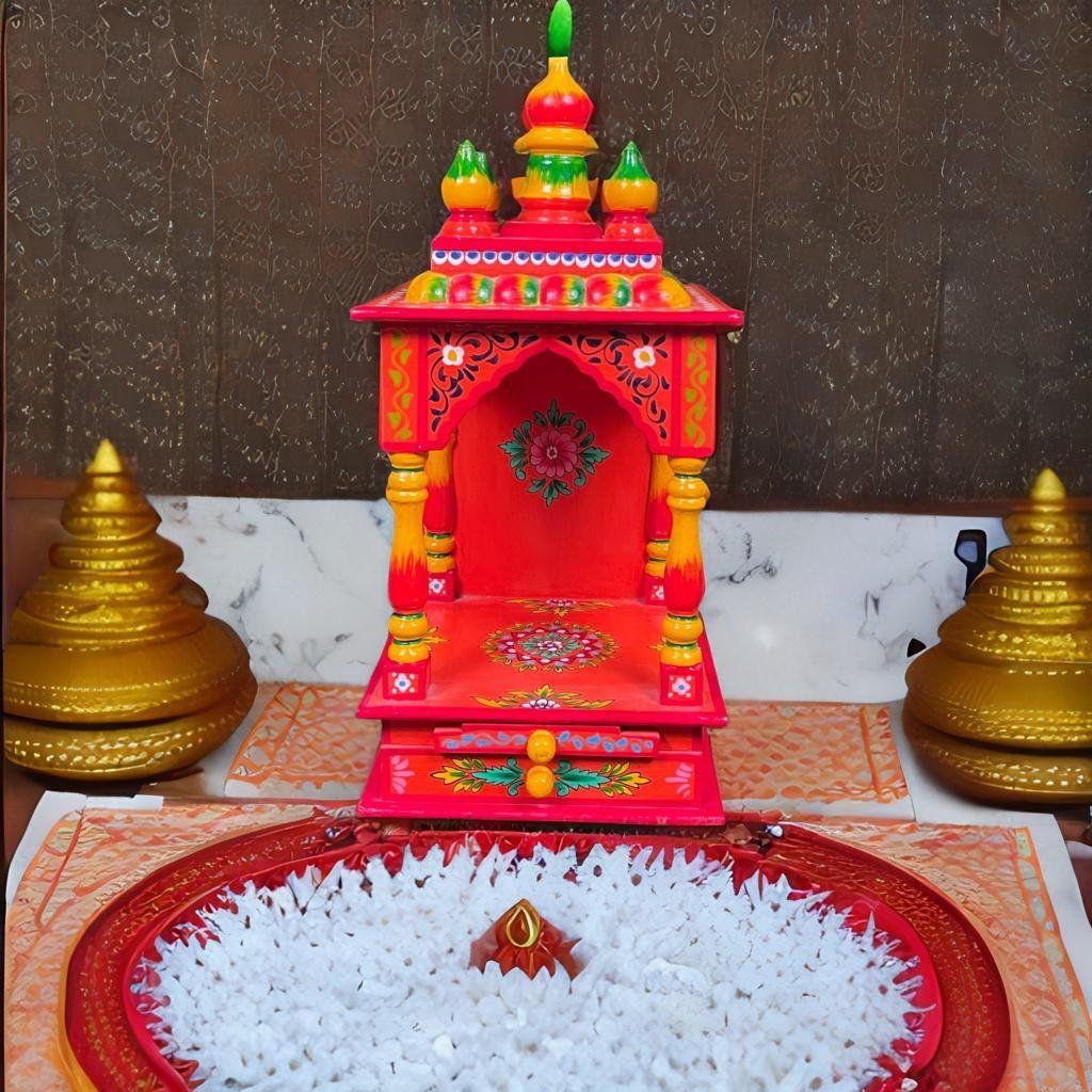 Red-Yellow Hand-Painted Mandir in Living Room | Devi-Devta Temple