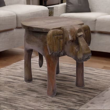 Handcrafted Wooden Side Table Natural Brown | Elephant Shaped