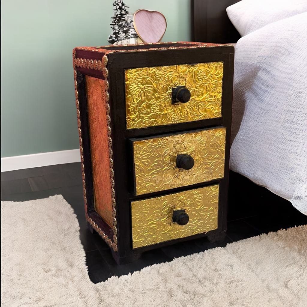 Brass Embossed 3 Drawer Bedside Table Furniture | Jewelry Box