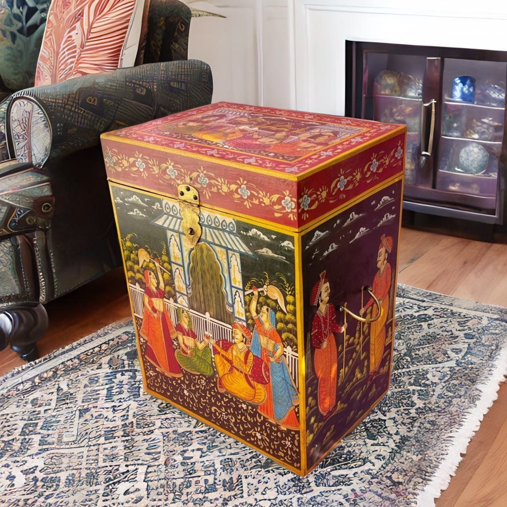 Rajasthani Art work Wooden Painted Table Trunk Box with Storage