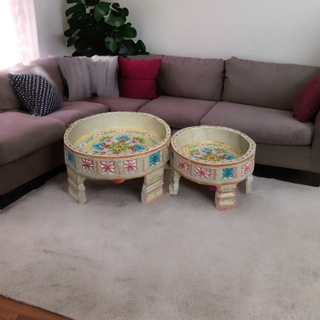 Beautiful Carved Solid Wood Chakki Table Set of 2