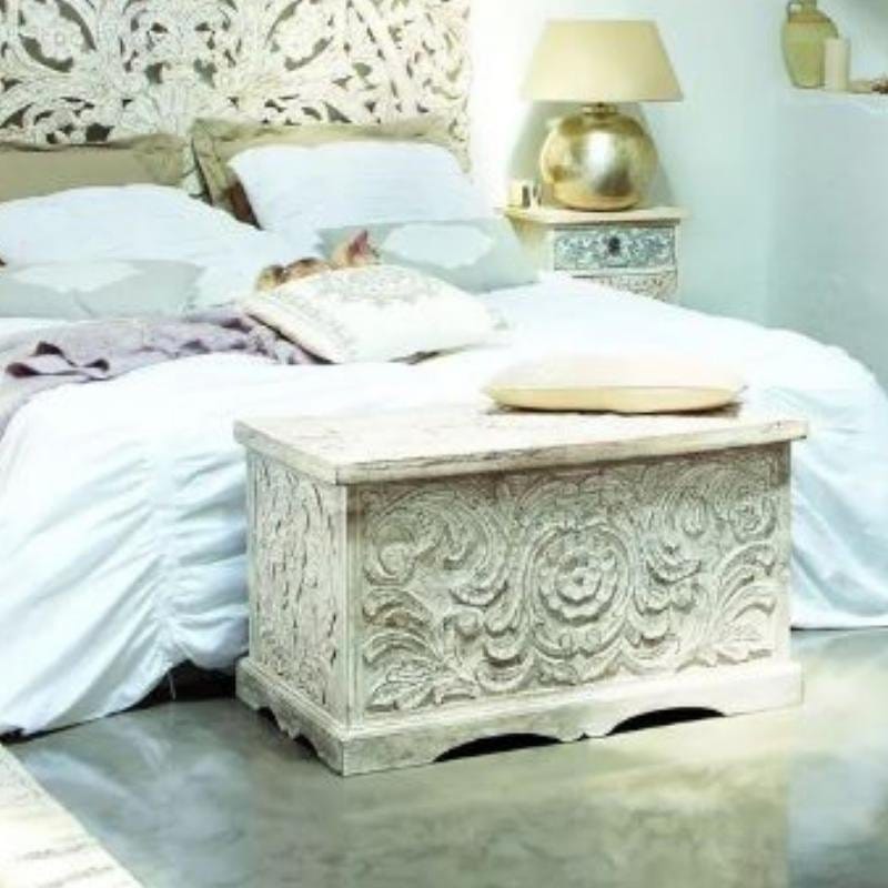 Wooden White Carved Trunk Coffee Table Chest Box Storage Decor Bedroom Furniture