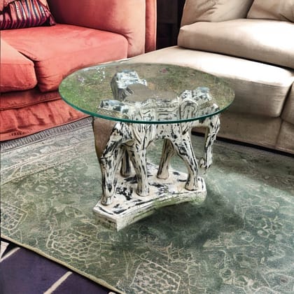 Wooden Handmade Round Glass Coffee Table Elephant Side Table