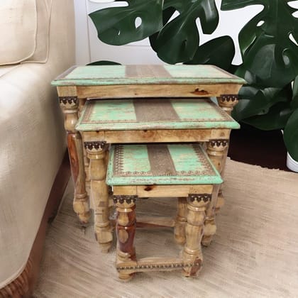 Brass Indian Wood Nesting Stool Set of 3