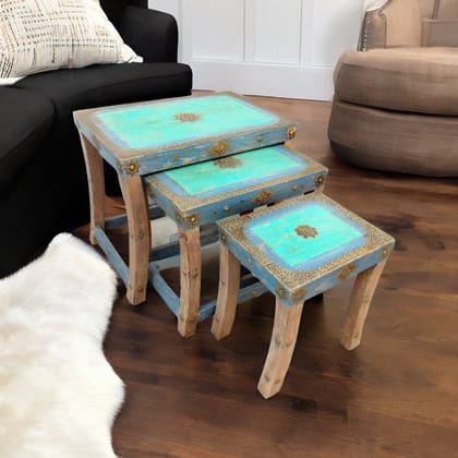 Indian Handmade Distressed Living Room Stool Set of 3