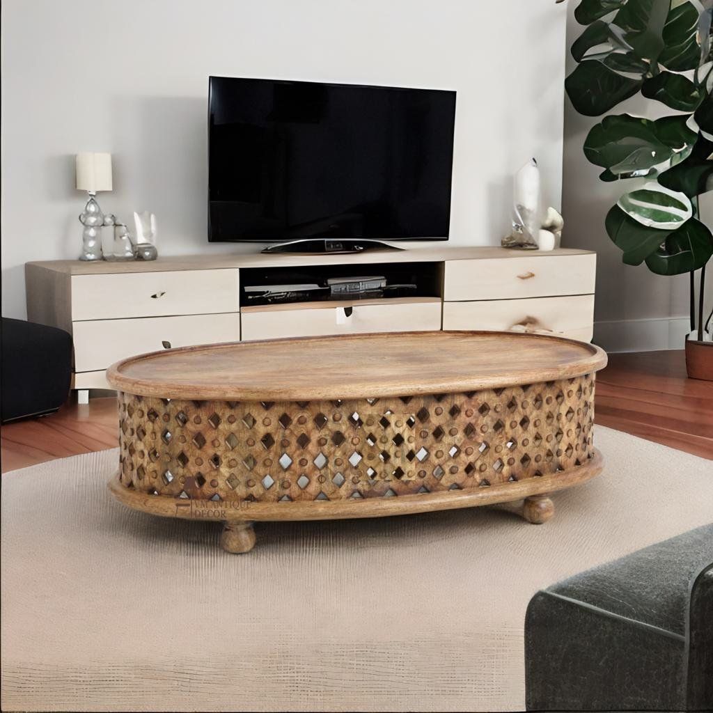 Wooden Oval Tribal Carved Coffee Table Home Bedroom Furniture