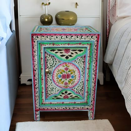 Wood Beautiful Flower Painted Side Storage Cabinet