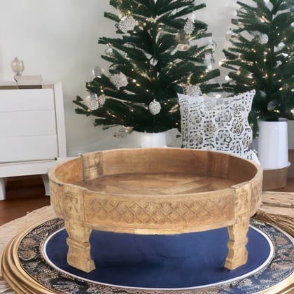 Attractive Wooden Round Coffee Table with Storage | Carved Chakki Table for Home Decor