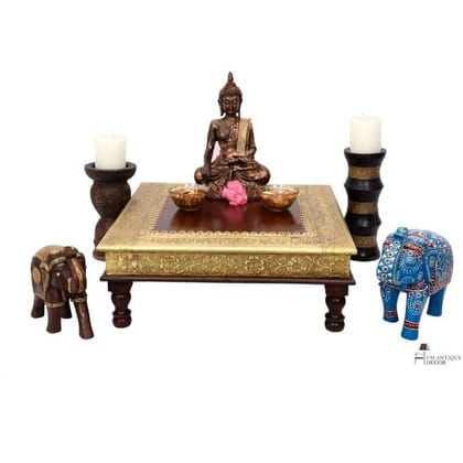 Wonderful Wooden Brass Table | Brown Natural Indian Side Chowki Table