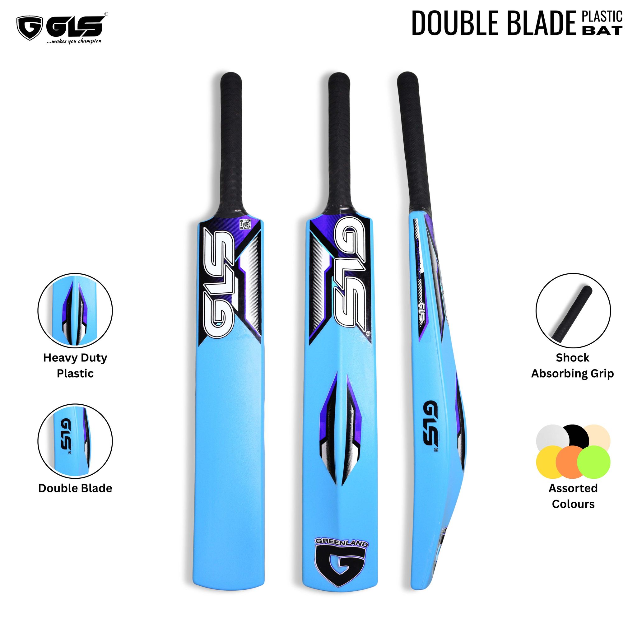 GLS Speed Pro Double Blade Cricket Bat Size (34” X 4.5”inches) for Mens Heavy Plastic Cricket Bats with Grip Tournament Match Standard Full Size Tennis Ball Bat for Cricket - Light Blue