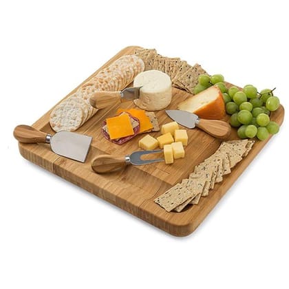 ST Wooden Chopping Plate with Hidden Drawer with Various Stainless Steel Slicing, Spreading & Serving Tools