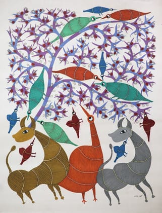 Tribes India Handmade Painting Gond Canvas 34x25 1SPNGNDMP04847