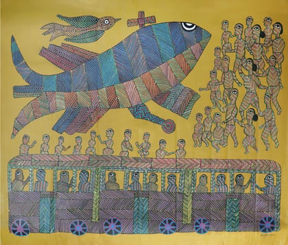 Tribes India Handmade Painting Bhil Canvas 34x23 1TPNBHLMP00005