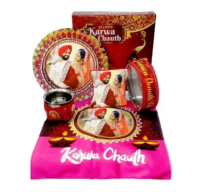 Personalised Karvachauth Thali Set with Pillow, Chani, Lota, Thaal Posh and Thali (5 Items)| Best Gift for Wife Husband Karvachoth, Anniversary, Wedding, Loved One