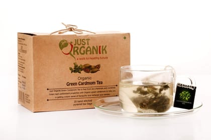 Just Organik Green Cardamom Tea - 20 Hand Stitched Pyramid Tea Bags, 100% Organic