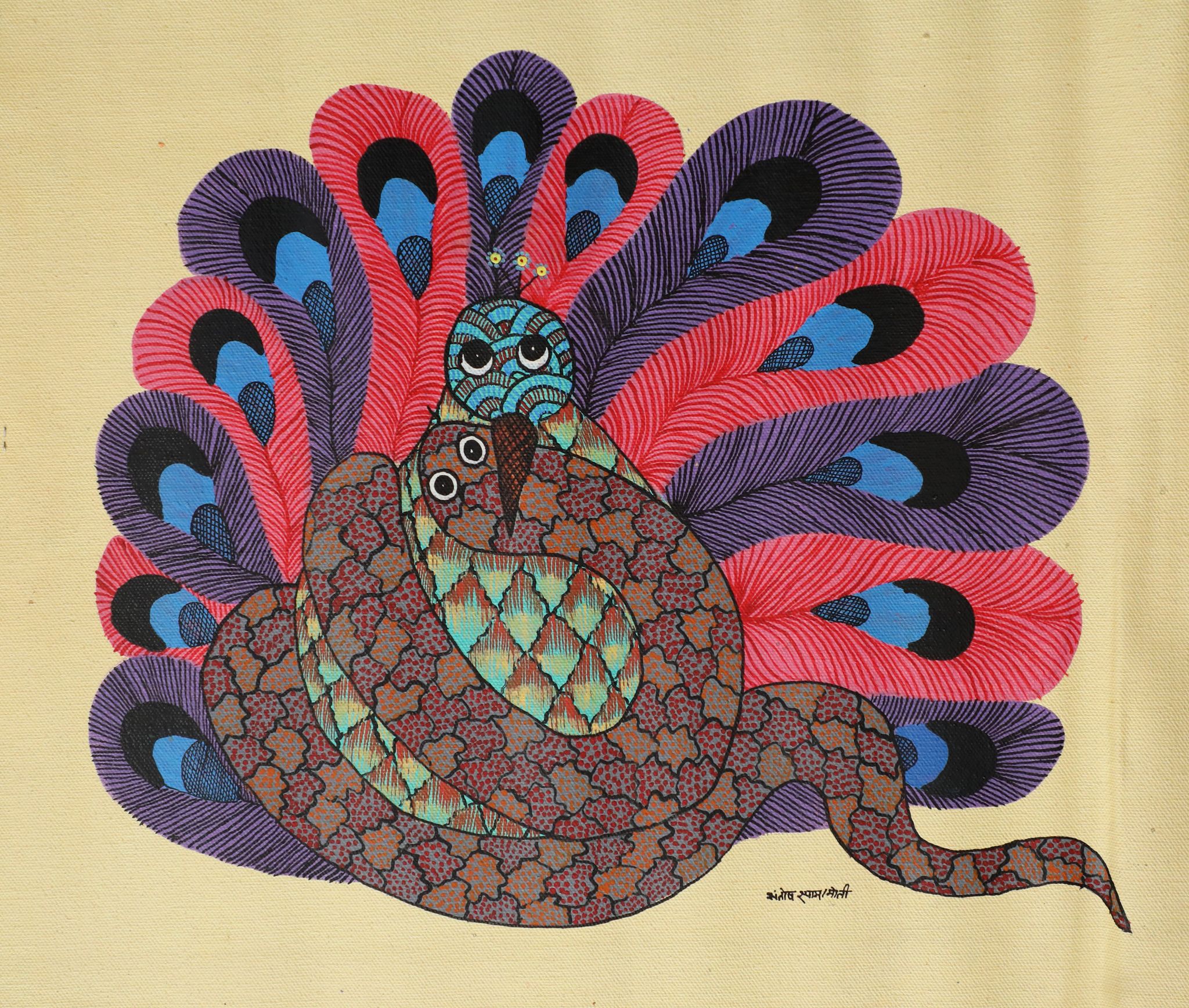 Tribes India Handmade Painting Gond Canvas 35X26 1TPNGNDMP05322