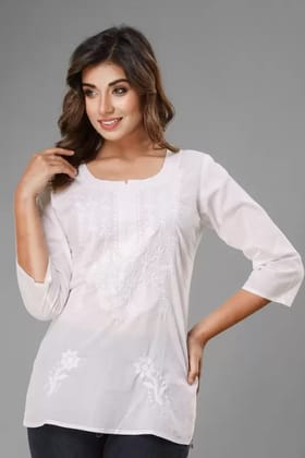 Women Embroidered Pure Cotton Straight Kurta  (White)